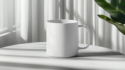 Poster - Blank white mug on a round table with natural light.