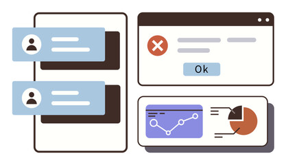 Poster - Chat bubbles with user icons, error popup with Ok button, analytics graph and pie chart panels. Ideal for communication, error handling, data analysis, technology, chat platforms, notifications
