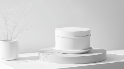 Poster - White cylindrical container on a circular platform with a plant.