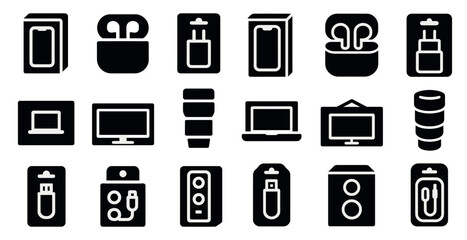 Poster - Set of icons showing phone, earbuds, charger, laptop, monitor, USB, speakers, cables, lens.