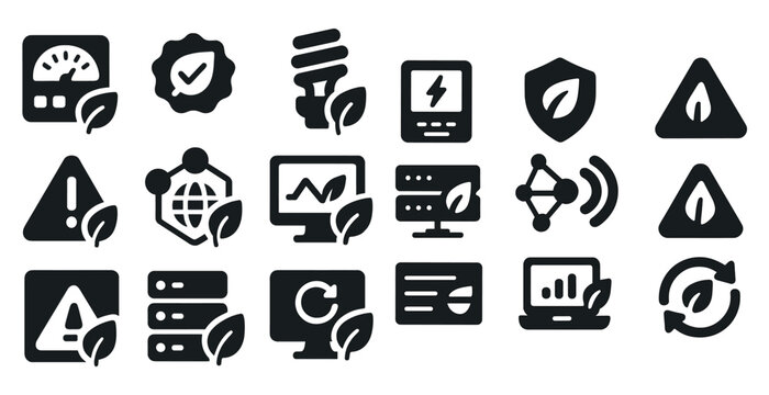 Set of eco-friendly technology icons with leaves and energy symbols.