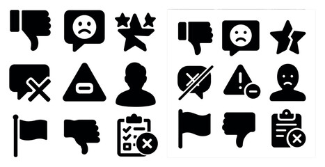 Fototapete - Set of icons: thumbs down, sad face, star, flag, triangle, clipboard, person silhouette.