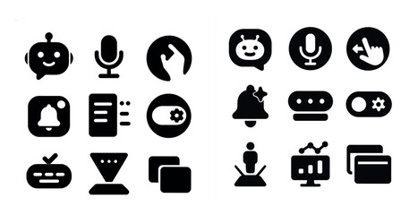 Poster - Set of robotic face, microphone, hand, bell, slider, robot, list, two squares, laptop.
