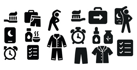Fototapete - Set of morning routine icons: toothbrush, suitcase, exercise, moon, alarm clock, checklist, shirt, pants.