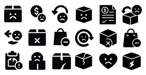 Fototapete - Set of icons featuring sad faces, broken boxes, arrows, bags, and dollar signs.