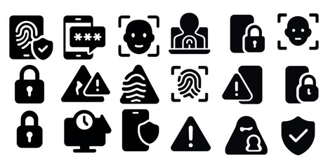 Poster - Set of icons including fingerprint, faces, locks, warning signs, clocks, and shields.