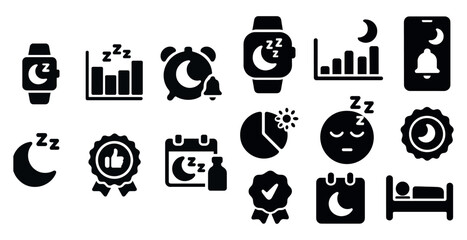 Fototapete - Set: smartwatch moon, graph, alarm, certificate, pie chart, bed, sleeping person, bell, medal.