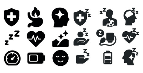 Fototapete - Set of health, flame, stars, shield, zz, heart, battery, speedometer, face, hand, phone, moon.