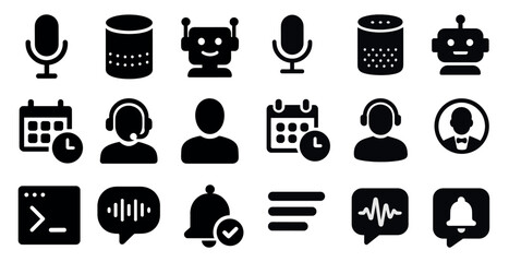 Poster - Set of voice, robot, microphone, calendar, headset, chat, notification, profile, terminal, sound, list icons.