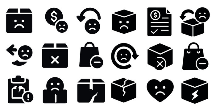 Set of icons featuring sad faces, broken boxes, arrows, bags, and dollar signs.