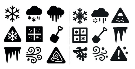 Poster - Set of winter weather icons: snowflakes, clouds, shovels, triangles, ice, wind, snow-covered warnings.