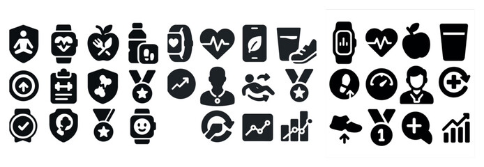 Poster - Set of fitness, health, heart, apple, sneakers, medal, runner, chart, smartwatch, water, person.