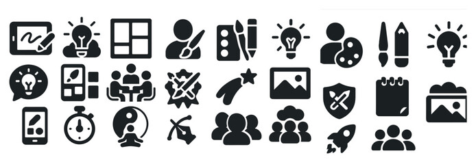 Poster - Set of icons: editing, idea, layout, collaboration, team, shield, stopwatch, rocket.