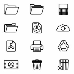 Poster - Outline office icons file folder printer recycle bin cloud data graph business card trash can set vector