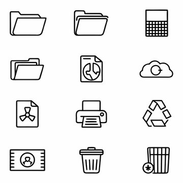 Outline office icons file folder printer recycle bin cloud data graph business card trash can set vector