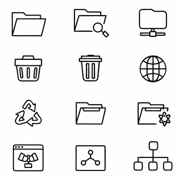 Collection of line art icons for file management and organization in digital interface design style