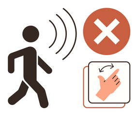 Poster - Person emitting sound waves while moving, crossed mark for prohibition, and hand swiping gesture. Ideal for accessibility, navigation, restriction, interaction, sound detection, prohibition gesture