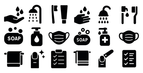 Poster - Icons of hygiene products and personal care essentials in black.
