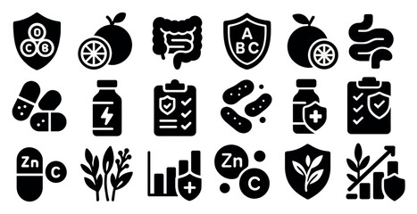 Fototapete - Health icons featuring pills, supplements, plants, and shields, illustrated.