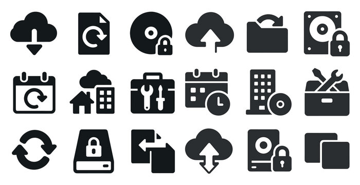 Icons representing data backup, security, cloud storage, and tools.