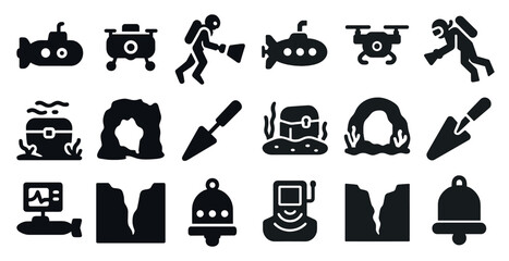Fototapete - Submarines, vehicles, divers, trenches, and caves depicted in black icons.