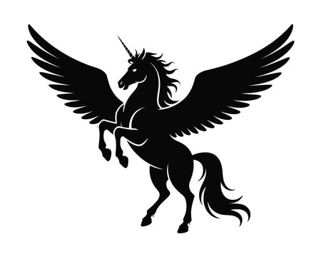 Black Silhouette of Winged Pegasus Horse in Powerful Rearing Pose on White