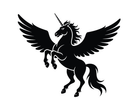 Mythical Pegasus Silhouette with Outstretched Wings in Bold Black on White