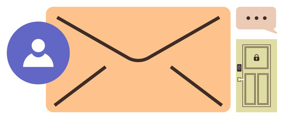 Poster - Large envelope, user profile icon, speech bubble, and locked door emphasize digital security and private communication. Ideal for data protection, cyber safety, mailing services, security awareness