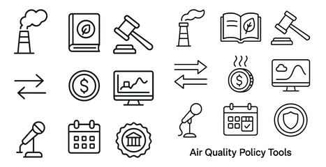 Poster - Set of icons for air quality policy tools. The icons include a gavel, a book, a dollar sign, a computer monitor, a microphone, a calendar, a dollar sign, a dollar sign, a dollar sign, a dollar sign