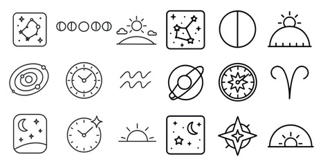 Poster - Collection of celestial symbols and clocks. The symbols include the sun, moon, and stars, while the clocks are of various sizes and styles. Scene is one of wonder and fascination with the universe