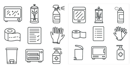 Poster - Set of icons for kitchen appliances and cleaning supplies. The icons include a microwave, oven, toaster, and a bottle of hand sanitizer