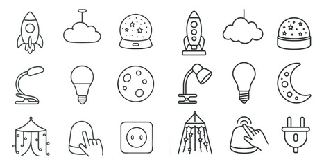 Poster - Collection of various objects and symbols, including a rocket, a light bulb, a moon, and a star