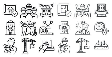 Poster - Series of construction related icons including a construction worker, a construction crane, a construction worker with a measuring tape, a construction worker with a hard hat, a construction worker