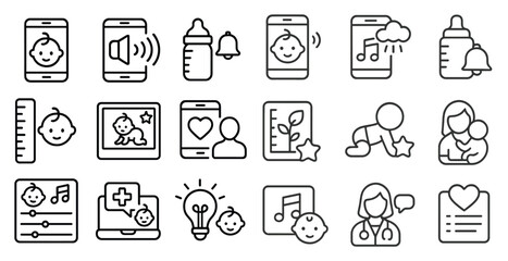 Poster - Set of icons for baby care and baby products. The icons include a baby, a bottle, a phone, a tablet, a computer, a clock, a stroller, a car, a book, a heart, a star