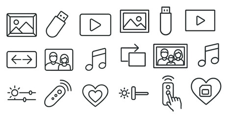 Poster - Collection of icons for a computer program. The icons include a heart, a remote control, a music note, a picture of a man and woman, and a picture of a person holding a remote
