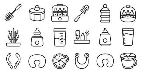 Poster - Collection of baby items including bottles, cups, and spoons. The items are arranged in a line and are all black