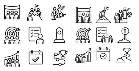 Poster - Set of icons that represent different goals and achievements. The icons include a person holding a flag, a person holding a target, and a person holding a trophy. The icons are arranged in a grid
