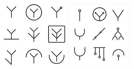 Poster - The image is a collection of various symbols and shapes, including a Y, a tree, and a curved line. Scene is abstract and geometric, with a focus on simple shapes and lines