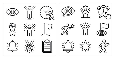 Poster - Set of icons that represent different aspects of success and achievement. The icons include a person holding a flag, a person holding a star, a person holding a bell, and a person holding a book