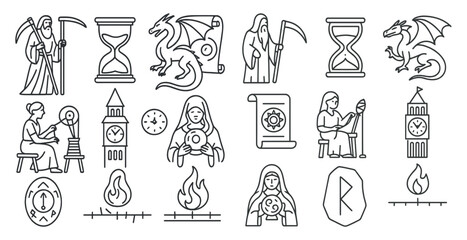 Poster - Collection of symbols and icons, including a clock, a dragon, a skeleton, and a woman holding a crystal ball