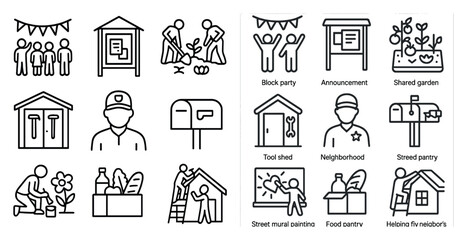 Poster - Set of icons depicting various activities and objects related to home improvement and gardening. The icons include a man fixing a roof, a person painting a wall, a person working on a house