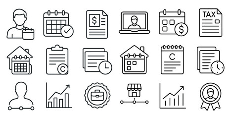 Fototapete - Collection of various icons, including a house, a laptop, a clock, and a dollar bill. These icons are arranged in a grid-like pattern, with some overlapping and others standing alone