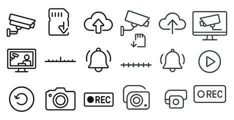 Fototapete - Set of icons for a computer program. The icons include a camera, a bell, a record button, and a video icon