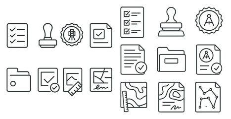 Fototapete - Set of icons for various office supplies, including a stamp, a check mark, a ruler, and a folder