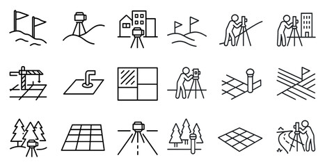 Fototapete - Series of drawings of people and objects that are related to surveying and mapping. The drawings include a man with a camera, a man with a flag, and a man with a tape measure