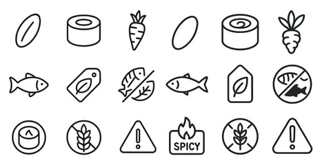 Fototapete - Set of food icons including fish, carrots, and a no fish sign. The icons are all in black and white