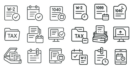 Poster - Set of icons for tax documents. The icons include a calendar, a check, a stack of papers, and a computer monitor