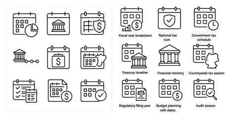 Poster - Set of black and white icons for a calendar. The icons include a bank, a building, a dollar sign, a clock, and a shield