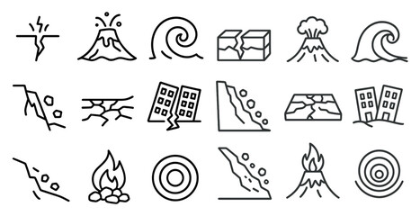 Poster - Series of icons depicting natural disasters such as earthquakes, volcanoes, and tsunamis. The icons are drawn in a simple, stylized manner, with each one representing a different type of disaster