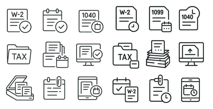 Set of icons for tax documents. The icons include a calendar, a check, a stack of papers, and a computer monitor